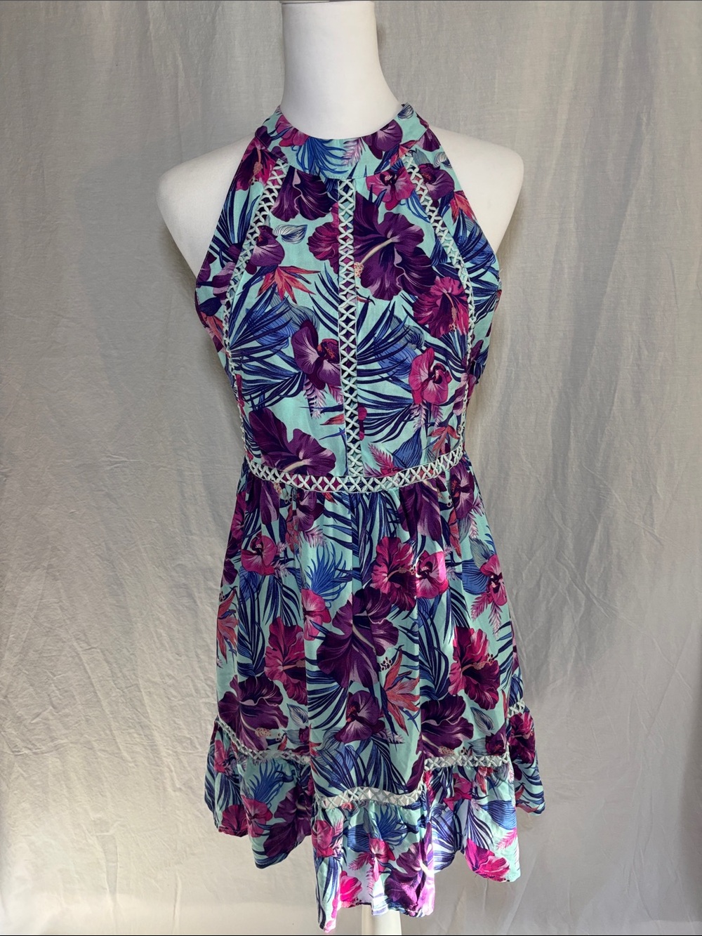 Backless Halter Mini Dress in Aqua with Purple Floral Print